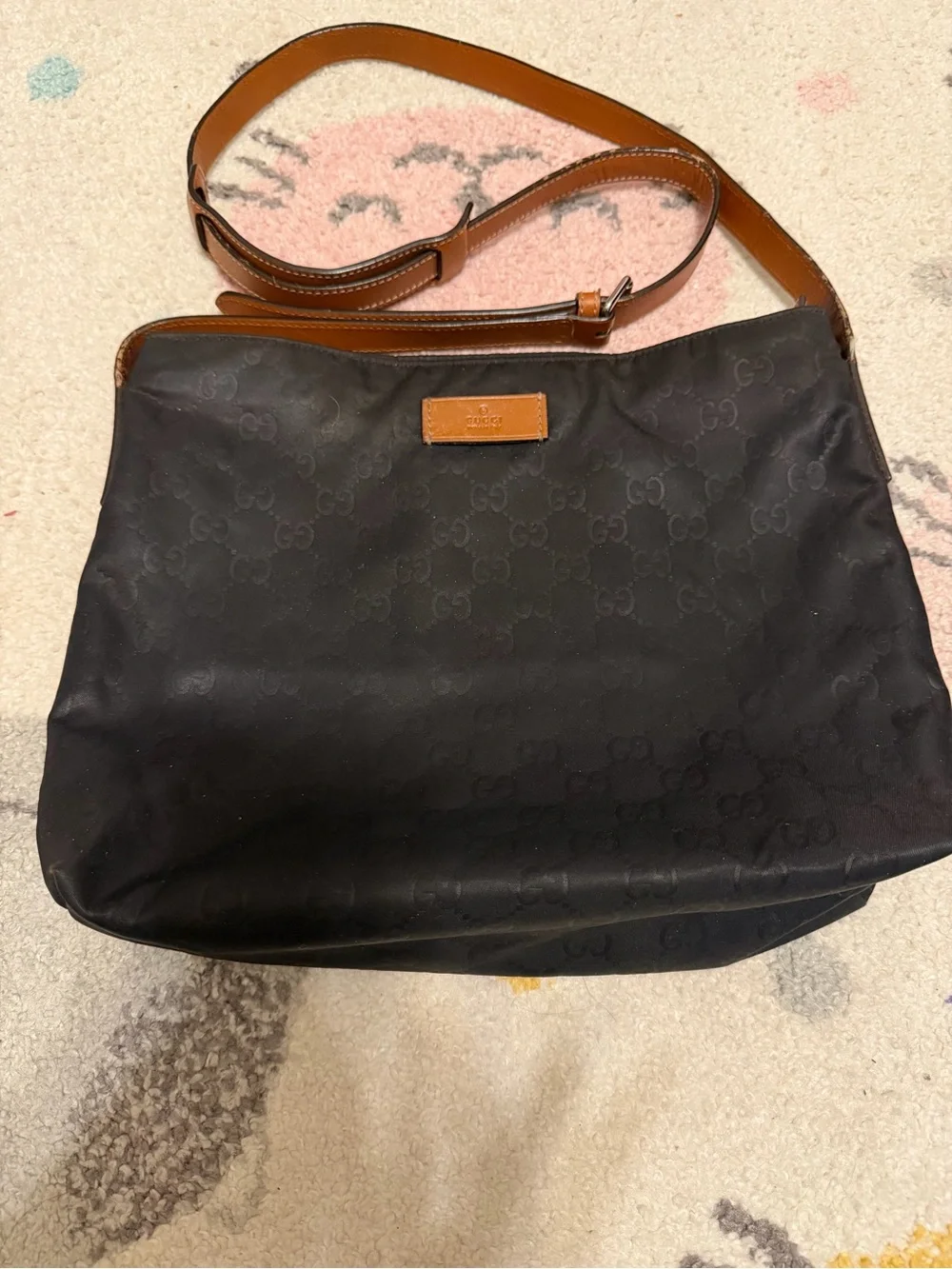 Gucci Black Monogram Messenger Bag with Brown Leather Strap